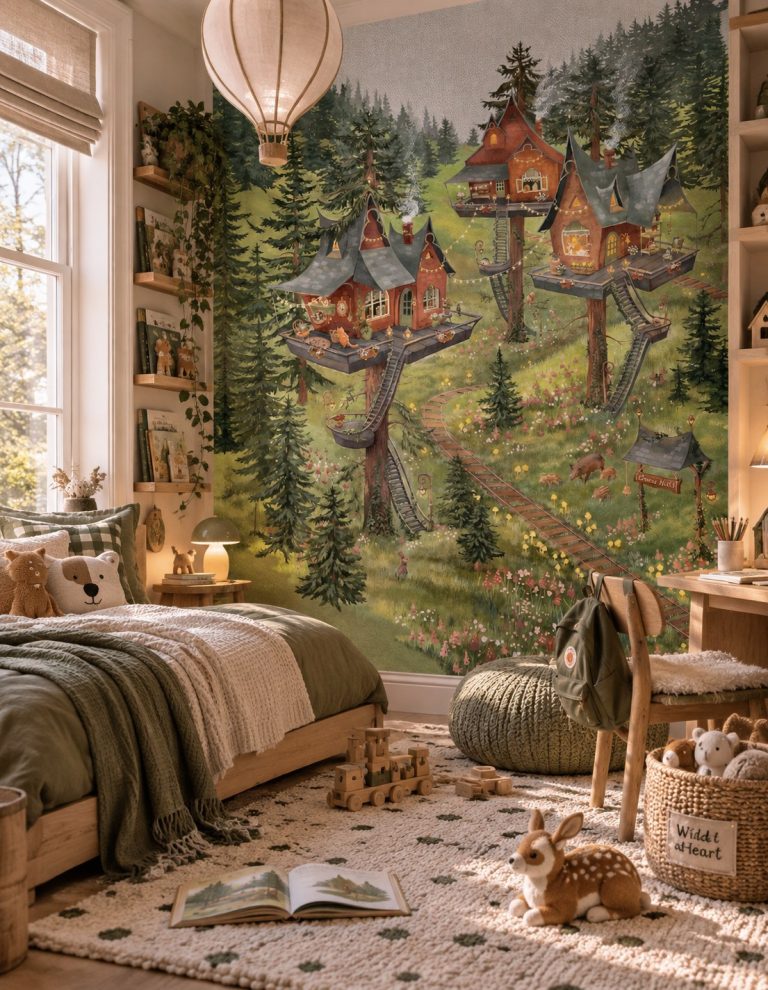 Φωτοταπετσαρία Tea Time Treetop σε παιδικό δωμάτιο με κρεβάτι και αερόστατο-φωτιστικό