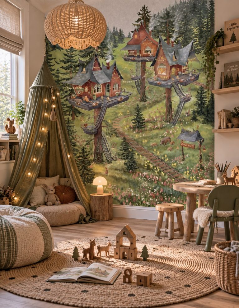 Φωτοταπετσαρία Tea Time Treetop σε παιδικό δωμάτιο με σκηνή και ξυλάκια