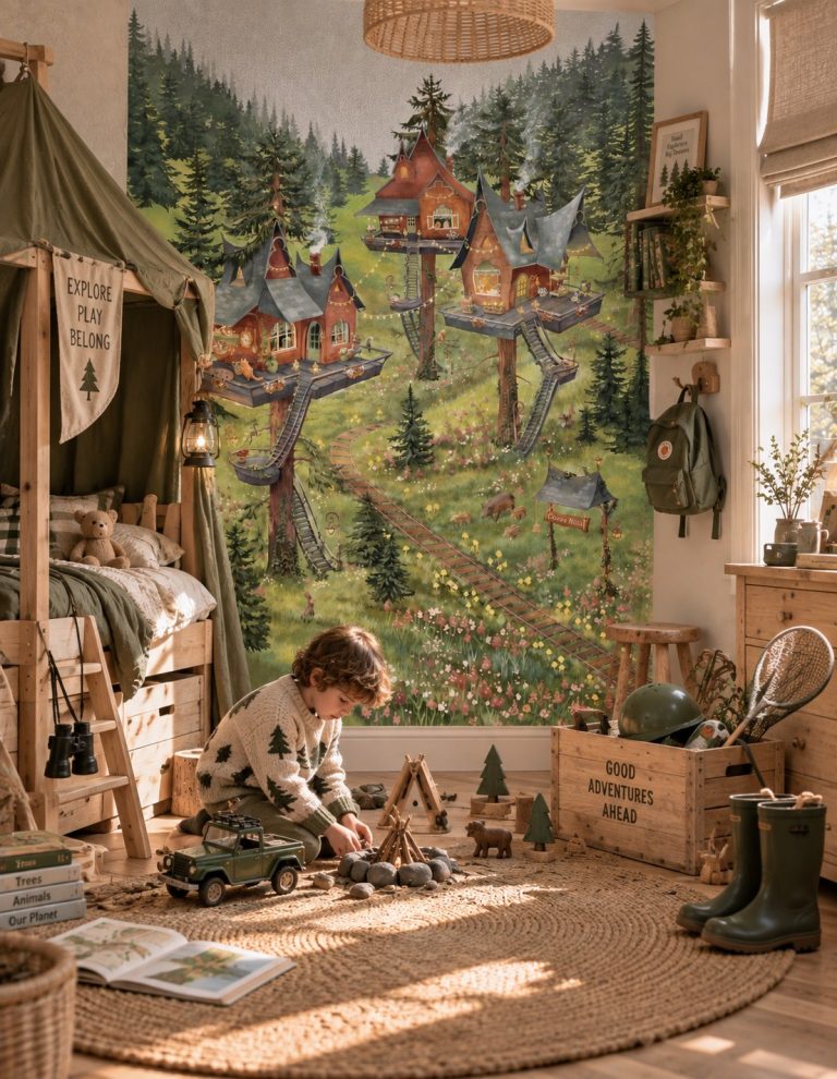 Φωτοταπετσαρία Tea Time Treetop σε παιδικό δωμάτιο με κουκέτα και παιδί που παίζει