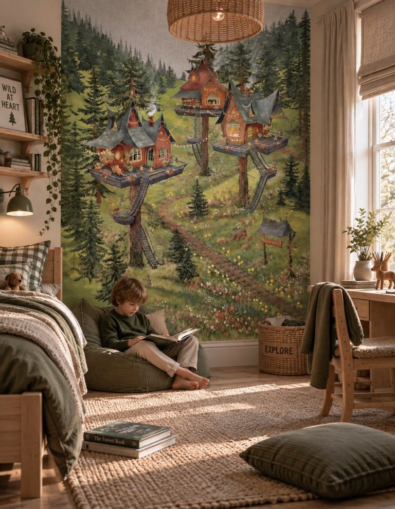 Φωτοταπετσαρία Tea Time Treetop σε παιδικό δωμάτιο με παιδί που διαβάζει σε πουφ