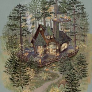Φωτοταπετσαρία Tiny Woodland Shop — μαγαζάκι σε δεντρόσπιτο στο πευκοδάσος