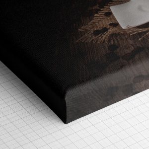 Λεπτομέρεια γωνίας του καμβά «Αχνιστός Καφές και Κόκκοι» — τυπωμένο πλαϊνό και ύφανση βαμβακερού καμβά