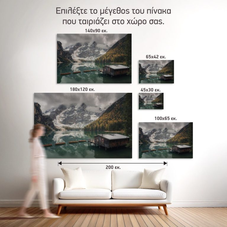 Σύγκριση των πέντε διαθέσιμων διαστάσεων του πίνακα «Βαρκάδα στην Αλπική Λίμνη» σε τοίχο σαλονιού