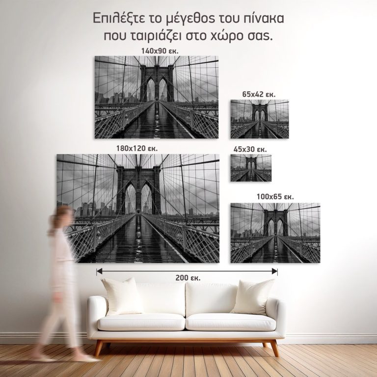 Σύγκριση των πέντε διαθέσιμων διαστάσεων του πίνακα «Γέφυρα του Μπρούκλιν στη Βροχή» σε τοίχο σαλονιού