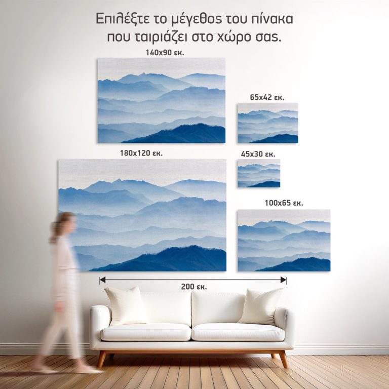 Σύγκριση των πέντε διαθέσιμων διαστάσεων του πίνακα «Γαλάζιες Κορυφογραμμές στην Ομίχλη» σε τοίχο σαλονιού