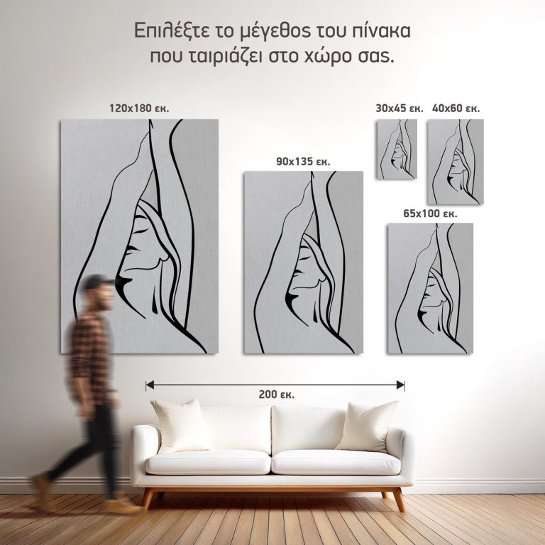 Σύγκριση των πέντε διαθέσιμων διαστάσεων του πίνακα «Γυναίκα με Υψωμένα Χέρια» σε τοίχο σαλονιού