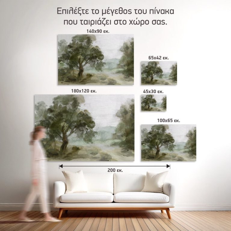Σύγκριση των πέντε διαθέσιμων διαστάσεων του πίνακα «Δέντρα στην Ομιχλώδη Κοιλάδα» σε τοίχο σαλονιού