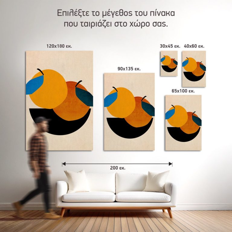 Σύγκριση των πέντε διαθέσιμων διαστάσεων του πίνακα «Δύο Πορτοκάλια σε Μπολ» σε τοίχο σαλονιού