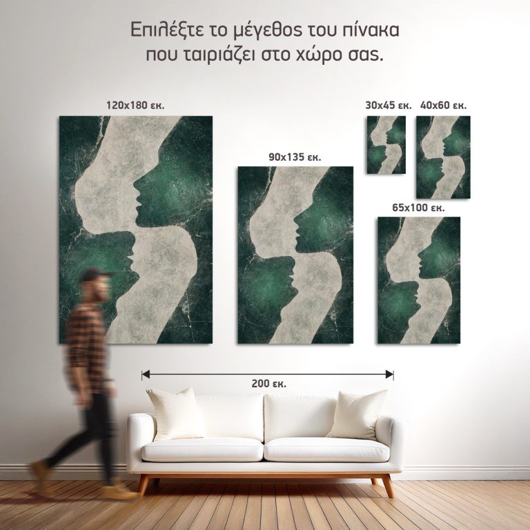 Σύγκριση των πέντε διαθέσιμων διαστάσεων του πίνακα «Δύο Προφίλ σε Σμαραγδί» σε τοίχο σαλονιού