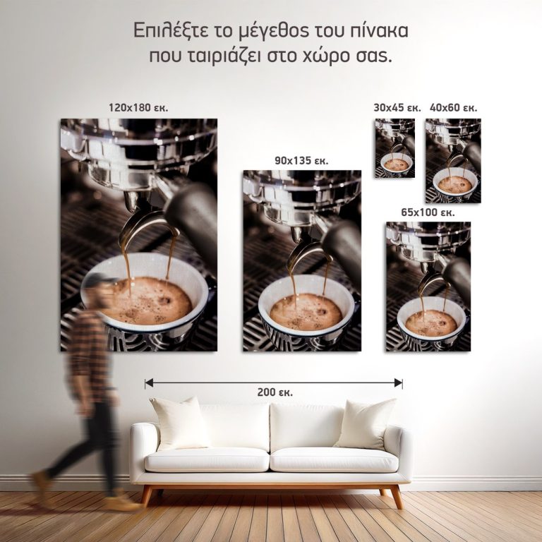 Σύγκριση των πέντε διαθέσιμων διαστάσεων του πίνακα «Εσπρέσο στη Μηχανή» σε τοίχο σαλονιού