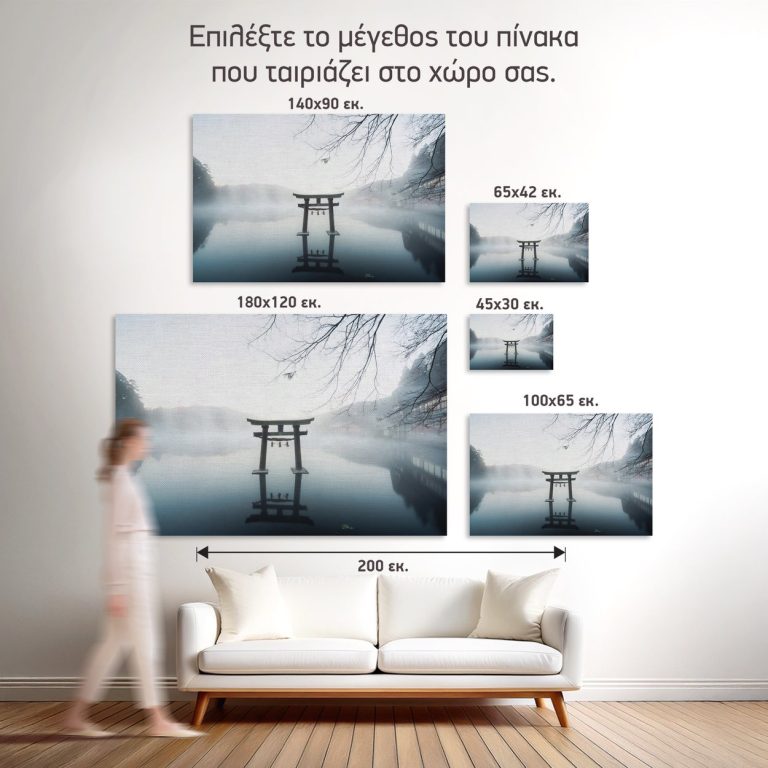 Σύγκριση των πέντε διαθέσιμων διαστάσεων του πίνακα «Ιαπωνική Πύλη στην Ομίχλη» σε τοίχο σαλονιού