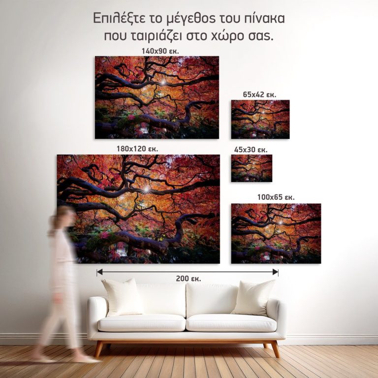 Σύγκριση των πέντε διαθέσιμων διαστάσεων του πίνακα «Ιαπωνικό Σφενδάμι το Φθινόπωρο» σε τοίχο σαλονιού
