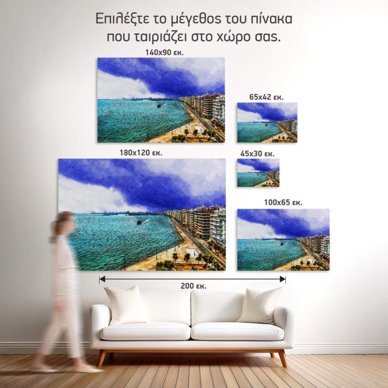 Σύγκριση των πέντε διαθέσιμων διαστάσεων του πίνακα «Καταιγίδα στην Παραλία της Θεσσαλονίκης» σε τοίχο σαλονιού