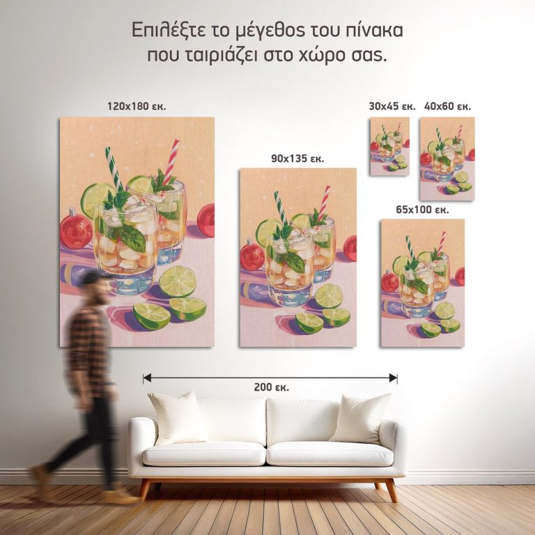 Σύγκριση των πέντε διαθέσιμων διαστάσεων του πίνακα «Κοκτέιλ με Λάιμ και Δυόσμο» σε τοίχο σαλονιού