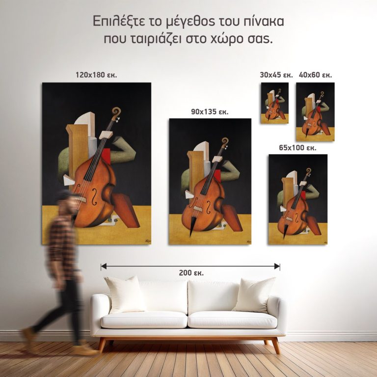 Σύγκριση των πέντε διαθέσιμων διαστάσεων του πίνακα «Κοντραμπάσο σε Γεωμετρικά Σχήματα» σε τοίχο σαλονιού