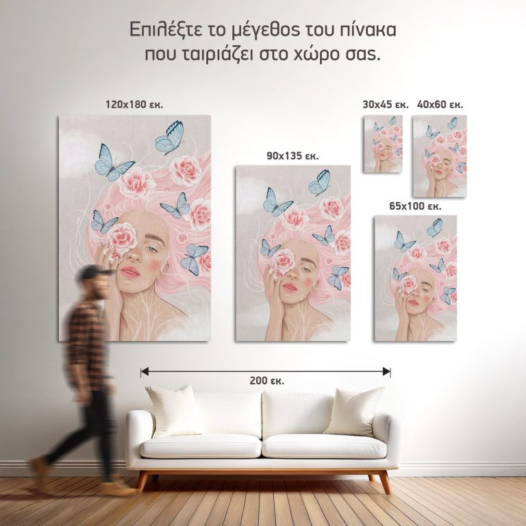 Σύγκριση των πέντε διαθέσιμων διαστάσεων του πίνακα «Κορίτσι με Ροζ Μαλλιά» σε τοίχο σαλονιού