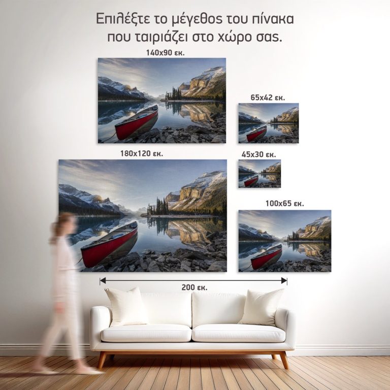 Σύγκριση των πέντε διαθέσιμων διαστάσεων του πίνακα «Κόκκινο Κανό στη Λίμνη» σε τοίχο σαλονιού