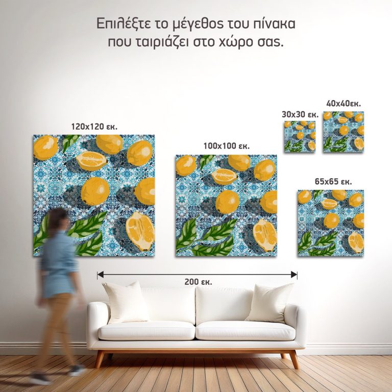 Σύγκριση των πέντε διαθέσιμων διαστάσεων του πίνακα «Λεμόνια σε Μπλε Πλακάκια» σε τοίχο σαλονιού