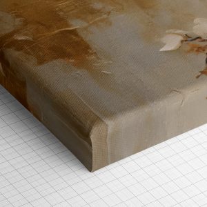 Λεπτομέρεια γωνίας του καμβά «Λευκά Άνθη σε Χρυσό Τοίχο» — τυπωμένο πλαϊνό και ύφανση βαμβακερού καμβά