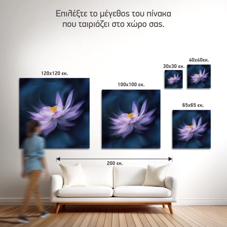 Σύγκριση των πέντε διαθέσιμων διαστάσεων του πίνακα «Λιλά Λωτός σε Κίνηση» σε τοίχο σαλονιού