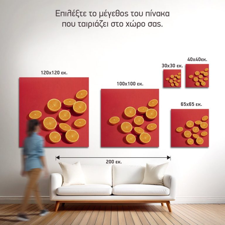 Σύγκριση των πέντε διαθέσιμων διαστάσεων του πίνακα «Μισά Πορτοκάλια σε Κόκκινο» σε τοίχο σαλονιού