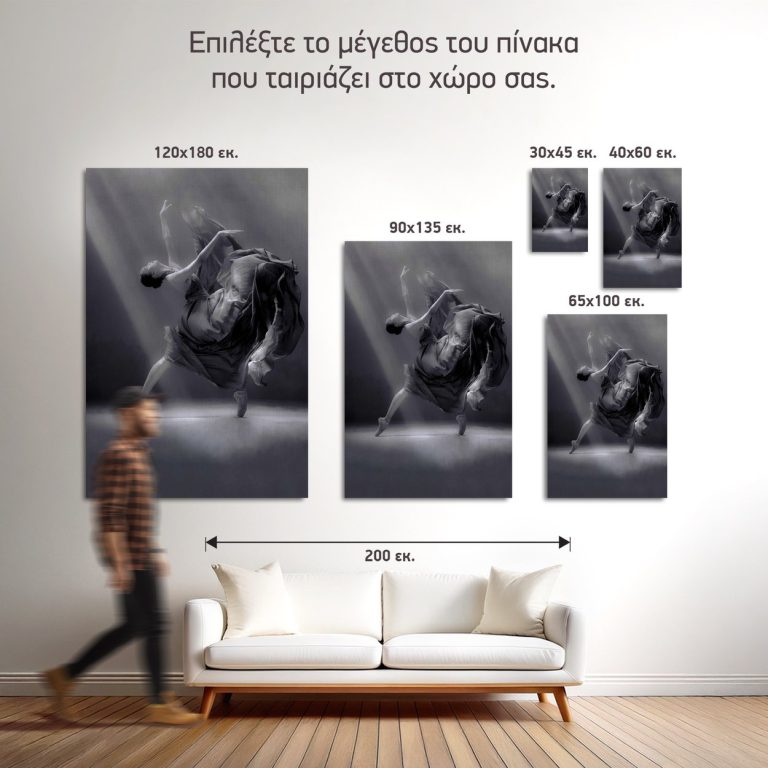 Σύγκριση των πέντε διαθέσιμων διαστάσεων του πίνακα «Μπαλαρίνα με Ανεμισμένο Φόρεμα» σε τοίχο σαλονιού