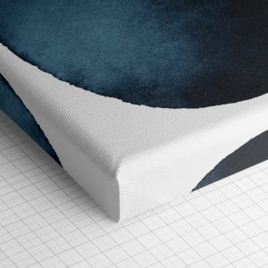 Λεπτομέρεια γωνίας του καμβά «Μπλε και Άμμος σε Ακουαρέλα» — τυπωμένο πλαϊνό και ύφανση βαμβακερού καμβά