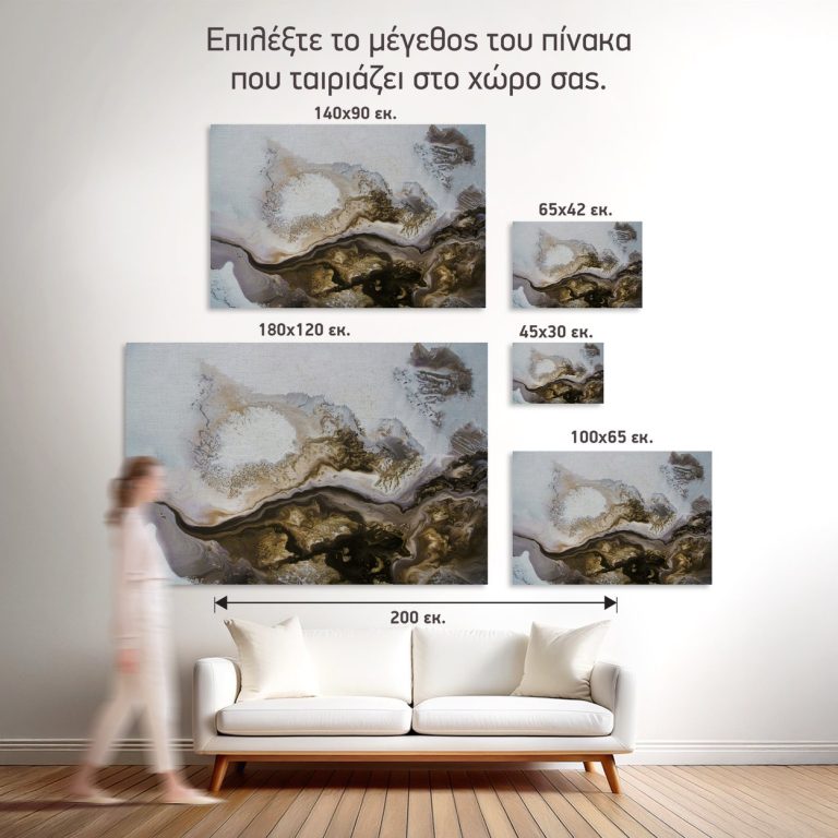 Σύγκριση των πέντε διαθέσιμων διαστάσεων του πίνακα «Ξερή Κοίτη Ποταμού» σε τοίχο σαλονιού