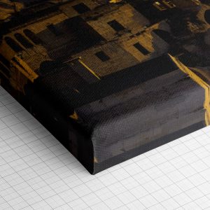 Λεπτομέρεια γωνίας του καμβά «Πέτρινο Χωριό της Καππαδοκίας» — τυπωμένο πλαϊνό και ύφανση βαμβακερού καμβά