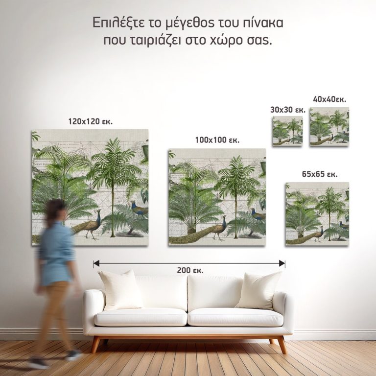 Σύγκριση των πέντε διαθέσιμων διαστάσεων του πίνακα «Παγώνι σε Παλιό Χάρτη» σε τοίχο σαλονιού