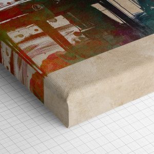 Λεπτομέρεια γωνίας του καμβά «Πιανίστας σε Ακουαρέλα» — τυπωμένο πλαϊνό και ύφανση βαμβακερού καμβά