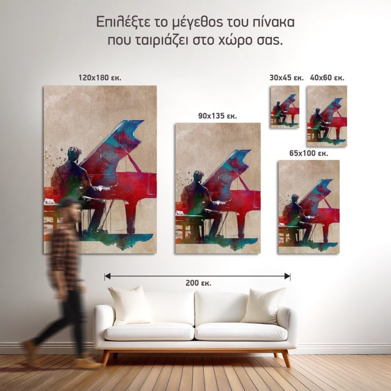Σύγκριση των πέντε διαθέσιμων διαστάσεων του πίνακα «Πιανίστας σε Ακουαρέλα» σε τοίχο σαλονιού