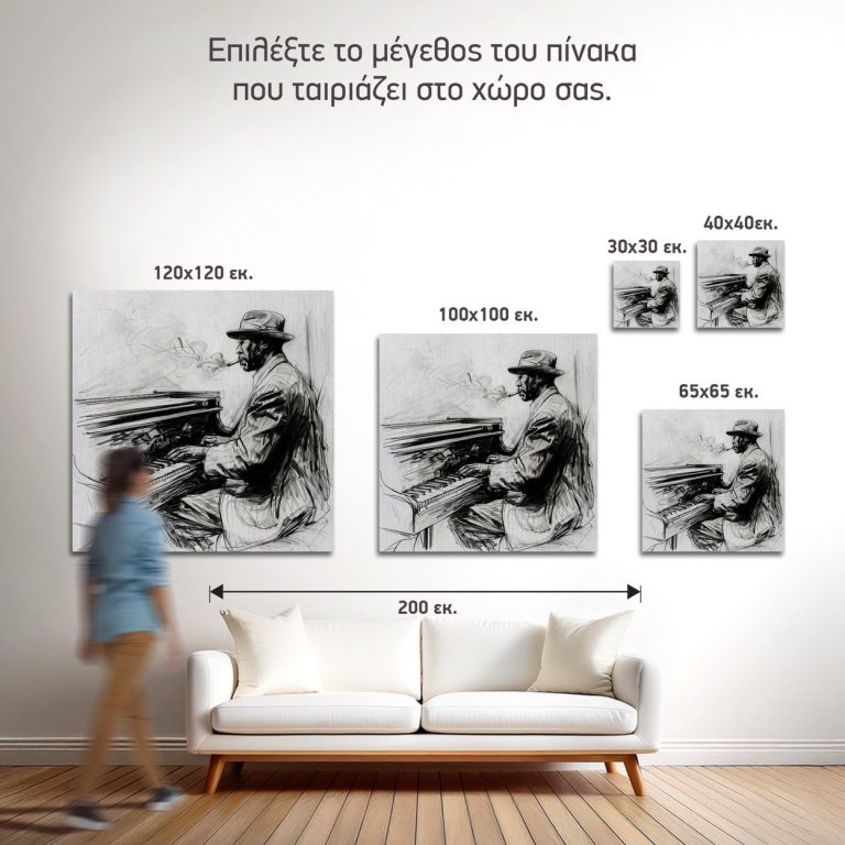 Σύγκριση των πέντε διαθέσιμων διαστάσεων του πίνακα «Πιανίστας Τζαζ σε Κάρβουνο» σε τοίχο σαλονιού