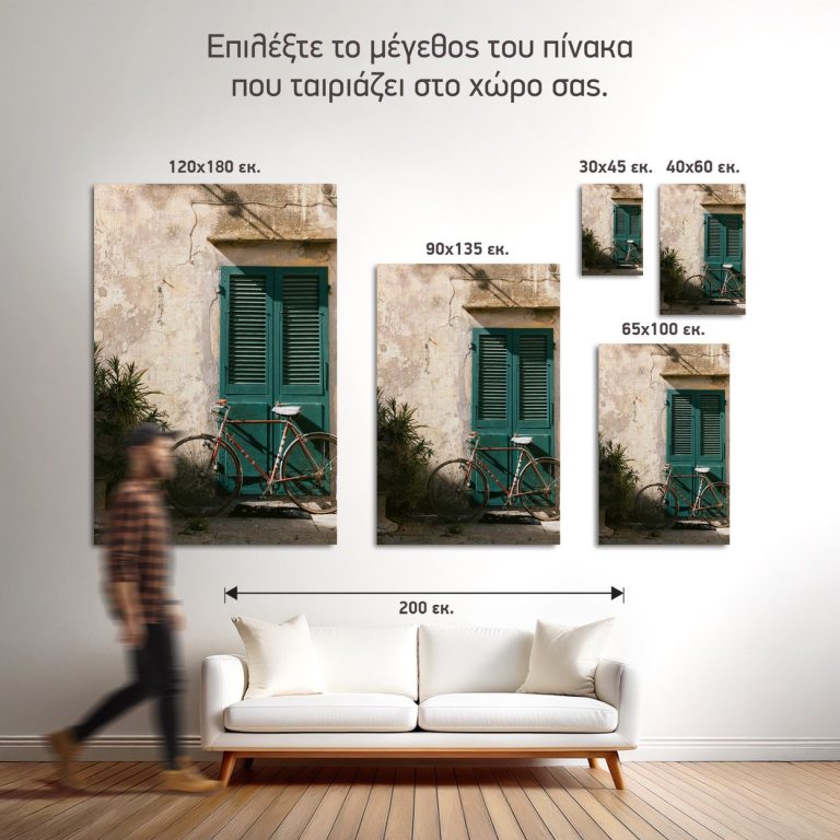 Σύγκριση των πέντε διαθέσιμων διαστάσεων του πίνακα «Ποδήλατο στα Πράσινα Παντζούρια» σε τοίχο σαλονιού