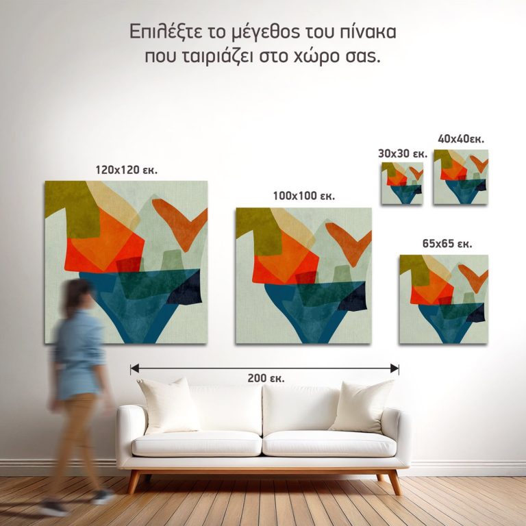 Σύγκριση των πέντε διαθέσιμων διαστάσεων του πίνακα «Πορτοκαλί Συναντά Πετρόλ» σε τοίχο σαλονιού