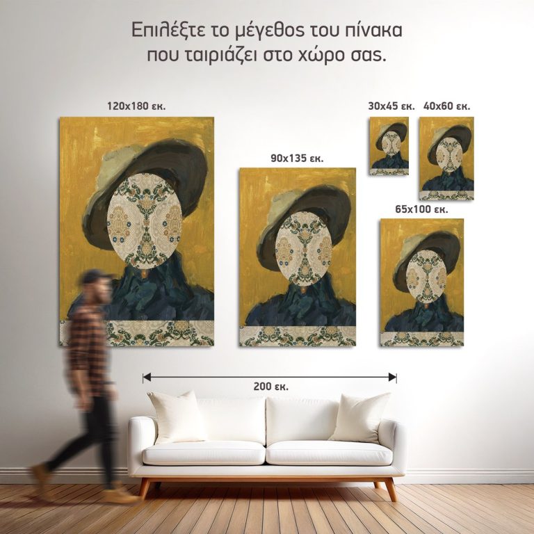 Σύγκριση των πέντε διαθέσιμων διαστάσεων του πίνακα «Πορτραίτο με Υφασμάτινο Πρόσωπο» σε τοίχο σαλονιού