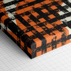 Λεπτομέρεια γωνίας του καμβά «Ρίγες και Κύκλοι σε Πορτοκαλί» — τυπωμένο πλαϊνό και ύφανση βαμβακερού καμβά