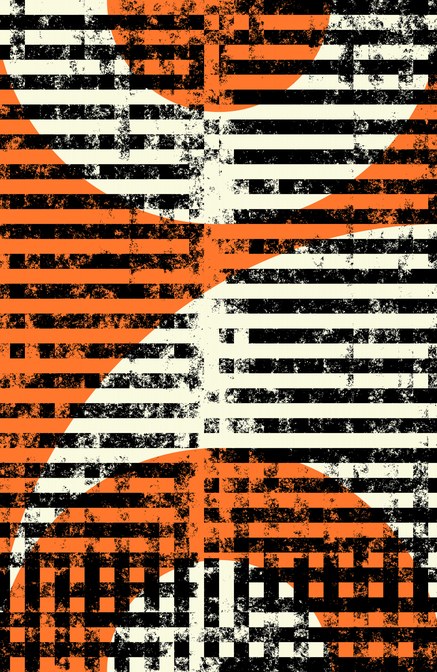 Ρίγες και Κύκλοι σε Πορτοκαλί — οριζόντιες ρίγες και τετράγωνα σε μαύρο, κρεμ και πορτοκαλί με τραχιά υφή, πάνω από μεγάλους κύκλους