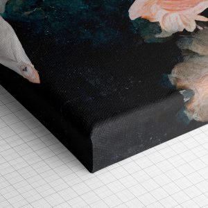 Λεπτομέρεια γωνίας του καμβά «Ροδακινί Πέταλα σε Πετρόλ» — τυπωμένο πλαϊνό και ύφανση βαμβακερού καμβά