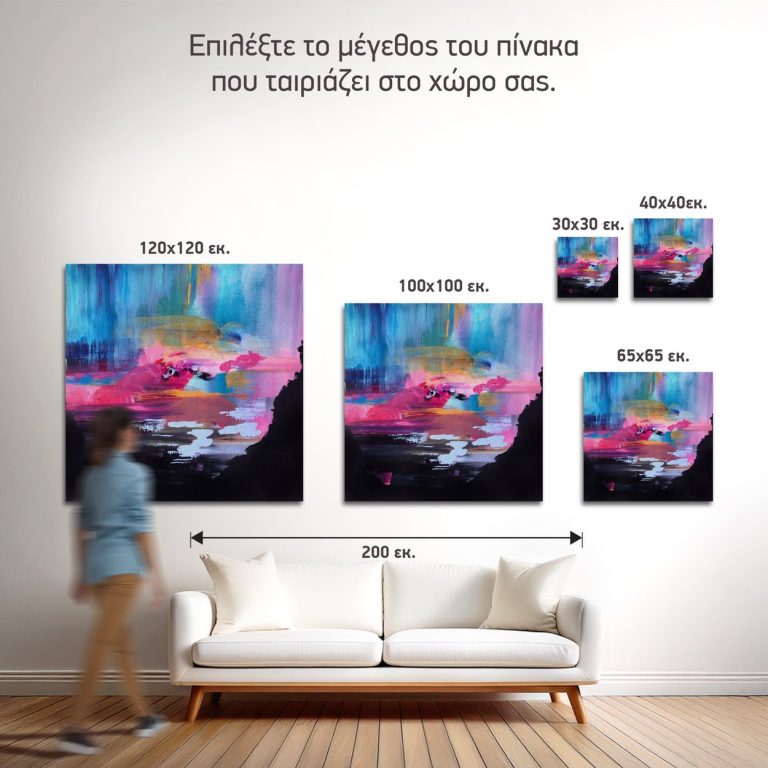 Σύγκριση των πέντε διαθέσιμων διαστάσεων του πίνακα «Ροζ Δειλινό Ανάμεσα σε Βράχια» σε τοίχο σαλονιού