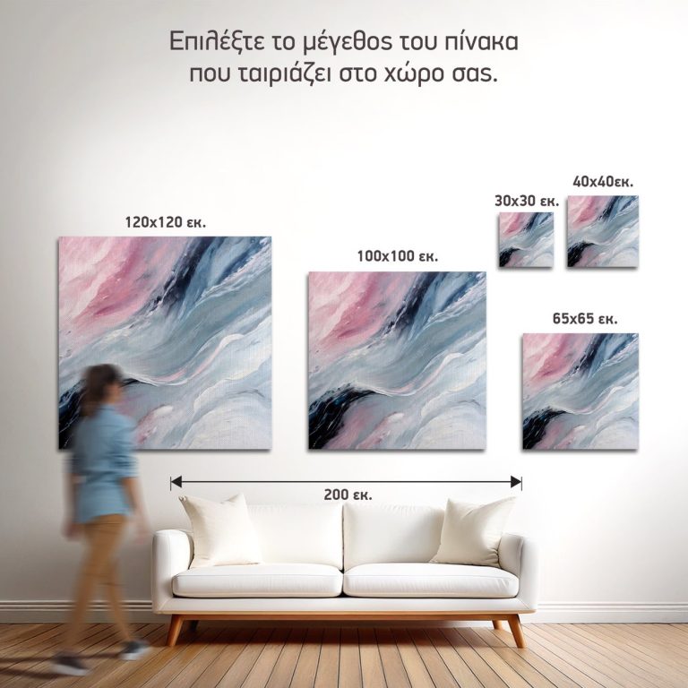 Σύγκριση των πέντε διαθέσιμων διαστάσεων του πίνακα «Ροζ και Παγωμένο Γαλάζιο» σε τοίχο σαλονιού