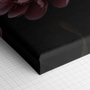 Λεπτομέρεια γωνίας του καμβά «Ροζ Παιώνιες σε Μαύρο» — τυπωμένο πλαϊνό και ύφανση βαμβακερού καμβά