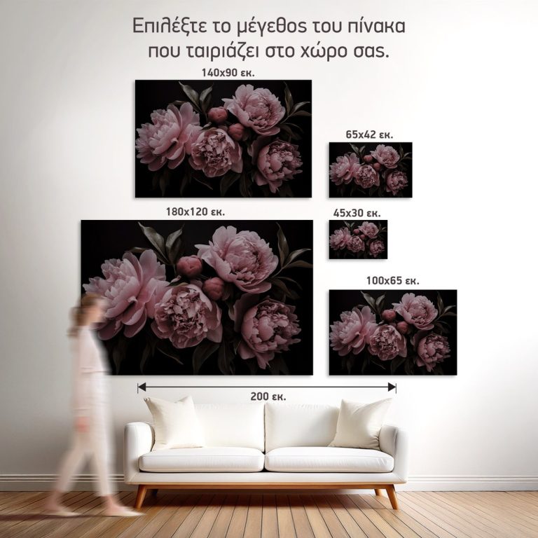 Σύγκριση των πέντε διαθέσιμων διαστάσεων του πίνακα «Ροζ Παιώνιες σε Μαύρο» σε τοίχο σαλονιού