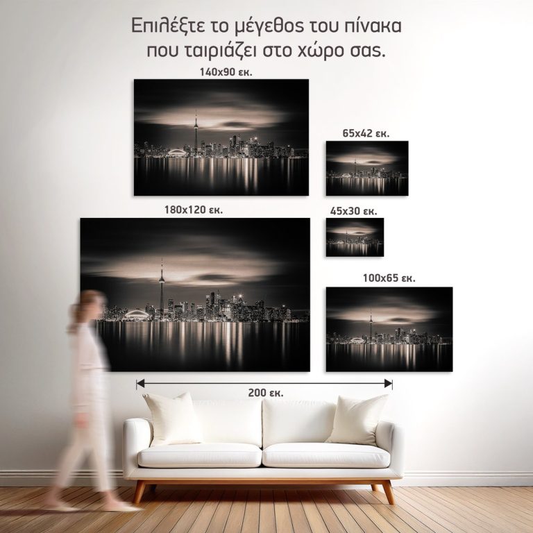 Σύγκριση των πέντε διαθέσιμων διαστάσεων του πίνακα «Τορόντο τη Νύχτα» σε τοίχο σαλονιού