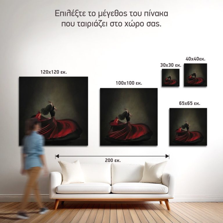 Σύγκριση των πέντε διαθέσιμων διαστάσεων του πίνακα «Χορεύτρια Φλαμένκο με Κόκκινη Φούστα» σε τοίχο σαλονιού