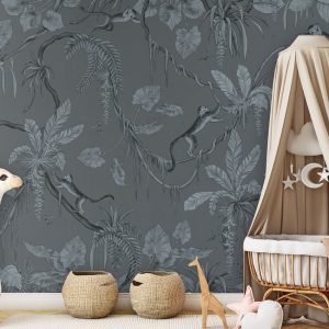 Φωτοταπετσαρία Playful Monkeys, monochrome blue - Kikki Belle 60888