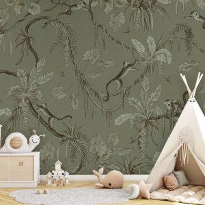 Φωτοταπετσαρία Playful Monkeys, monochrome green - Kikki Belle 60889
