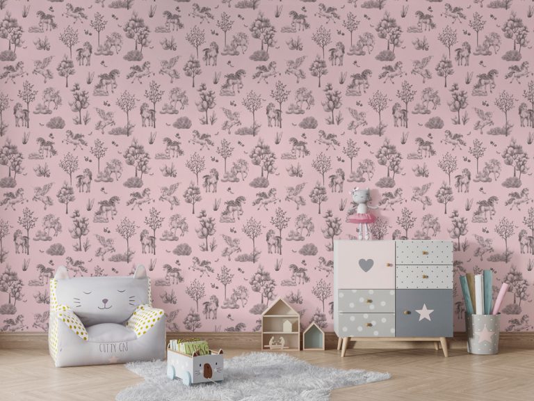 Φωτοταπετσαρία Amazing Unicorns Black Pink σε παιδικό δωμάτιο με πολυθρόνα και συρταριέρα