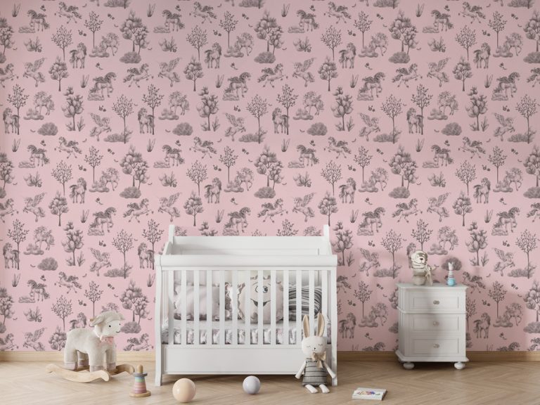 Φωτοταπετσαρία Amazing Unicorns Black Pink σε παιδικό δωμάτιο με λευκή κούνια