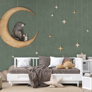 Φωτοταπετσαρία Bear on the Moon Green σε παιδικό δωμάτιο με καναπέ